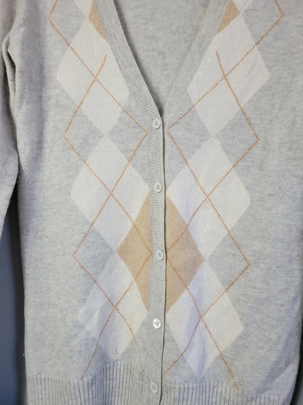 J. Crew Beige and Cream Argyle V-Neck Cardigan